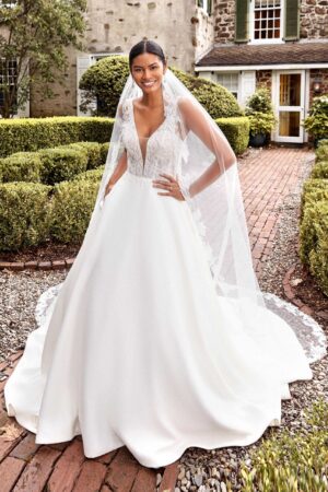 44276 deep plunging neckline beaded bodice with A line skirt