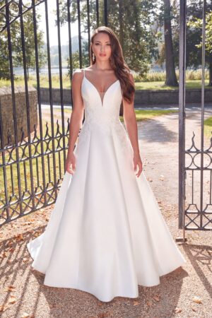 Mikado A line wedding dress with shoestring straps and applique