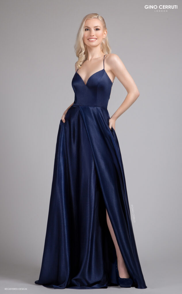 Satin thin strap prom dress with split